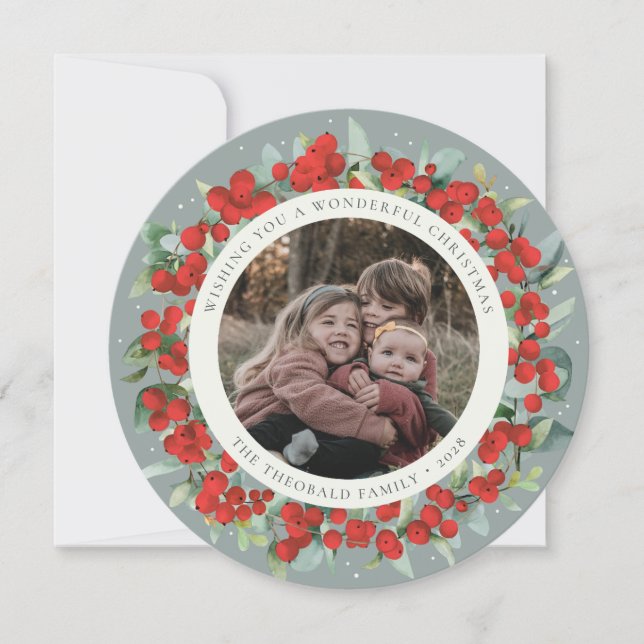 Green Round/Square Red Berries+Eucalyptus Photo Holiday Card (Front)