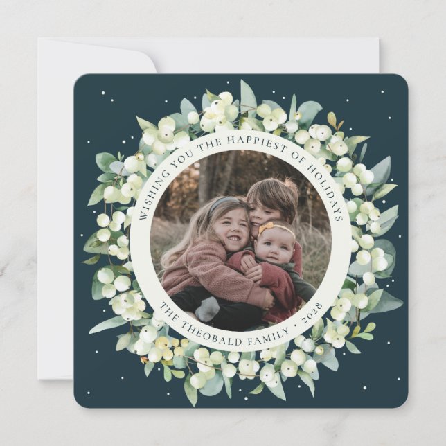 Green Round/Square Snowberry+Eucalyptus Photo Holiday Card (Front)