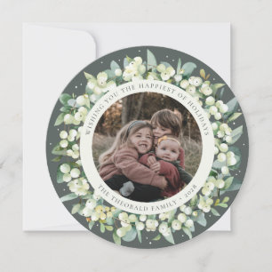 Green Round/Square Snowberry+Eucalyptus Photo Holiday Card