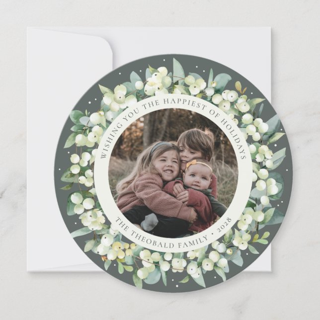 Green Round/Square Snowberry+Eucalyptus Photo Holiday Card (Front)