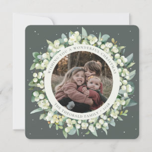 Green Round/Square Snowberry+Eucalyptus Photo Holiday Card