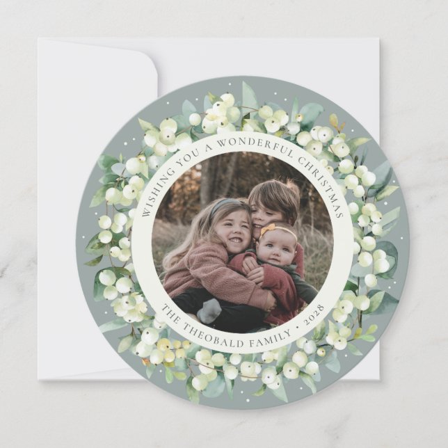 Green Round/Square Snowberry+Eucalyptus Photo Holiday Card (Front)