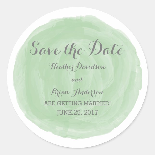 Green Round Watercolor Save the Date Stickers (Front)