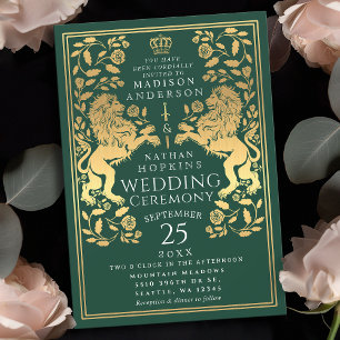 Green Royal Lion Mediaeval Gold Wedding Invitation