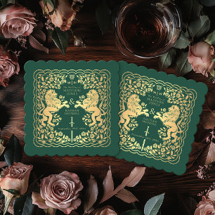 Green Royal Lion Mediaeval Sword Wedding Paper Coaster