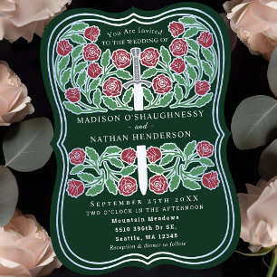Green Royal Mediaeval Floral Silver Sword Wedding Invitation