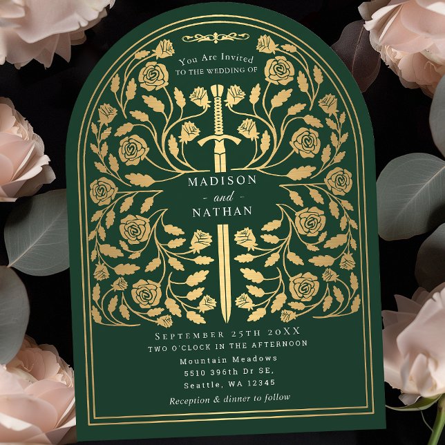 Green Royal Mediaeval Gold Sword Wedding Arch Invitation (Creator Uploaded)