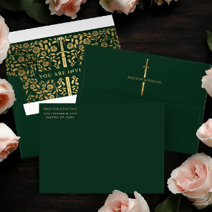 Green Royal Mediaeval Gold Sword Wedding Envelope