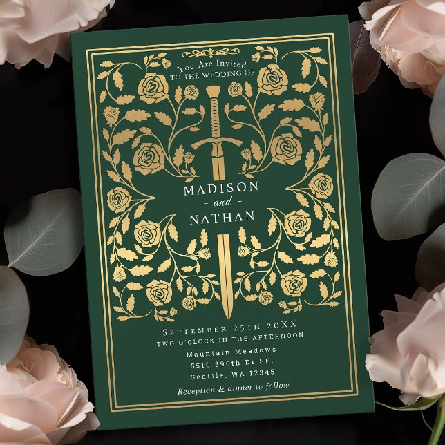 Green Royal Mediaeval Gold Sword Wedding Invitatio Invitation (Creator Uploaded)