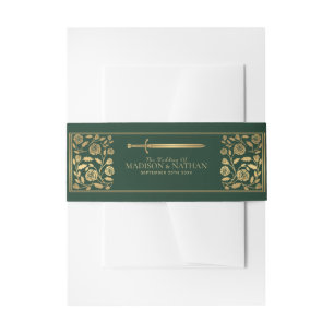 Green Royal Mediaeval Gold Sword Wedding Invitation Belly Band