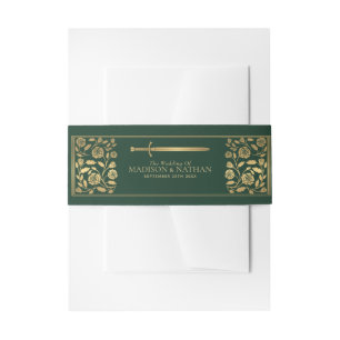 Green Royal Mediaeval Gold Sword Wedding  Invitation Belly Band