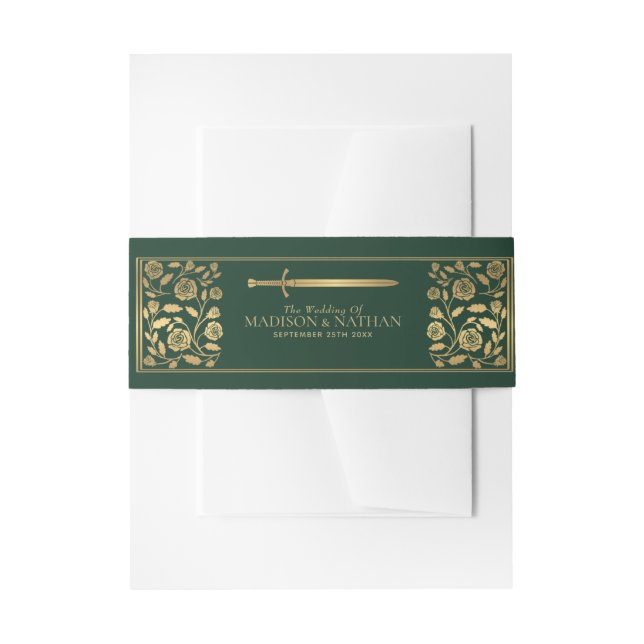 Green Royal Mediaeval Gold Sword Wedding  Invitation Belly Band (Front Example)