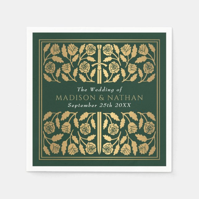 Green Royal Mediaeval Gold Sword Wedding Napkin (Front)