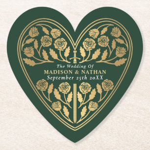 Green Royal Mediaeval Gold Sword Wedding Paper Coaster