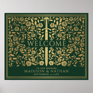 Green Royal Mediaeval Gold Sword Wedding Welcome Poster