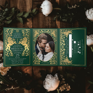 Green Royal Mediaeval Lion Wedding Tri-Fold Invitation