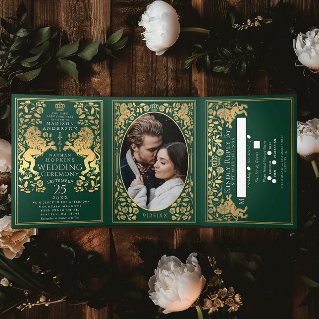 Green Royal Mediaeval Lion Wedding Tri-Fold Invitation (Creator Uploaded)