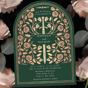 Green Royal Mediaeval Rose Gold Sword Wedding Arch Invitation