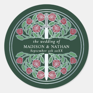 Green Royal Mediaeval Silver Sword Wedding Classic Round Sticker
