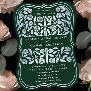 Green Royal Mediaeval Silver Sword Wedding Invitation