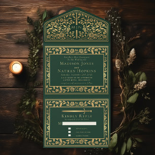 Green Royal Mediaeval Sword Wedding All In One Invitation