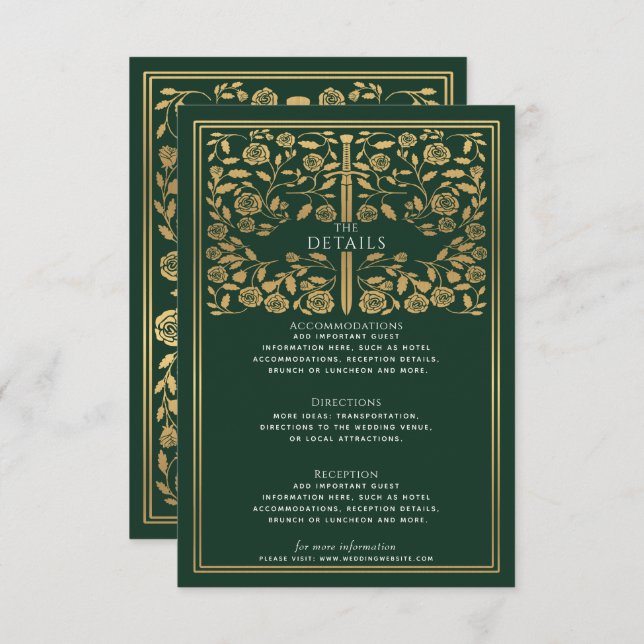 Green Royal Mediaeval Sword Wedding Details  Enclosure Card (Front/Back)