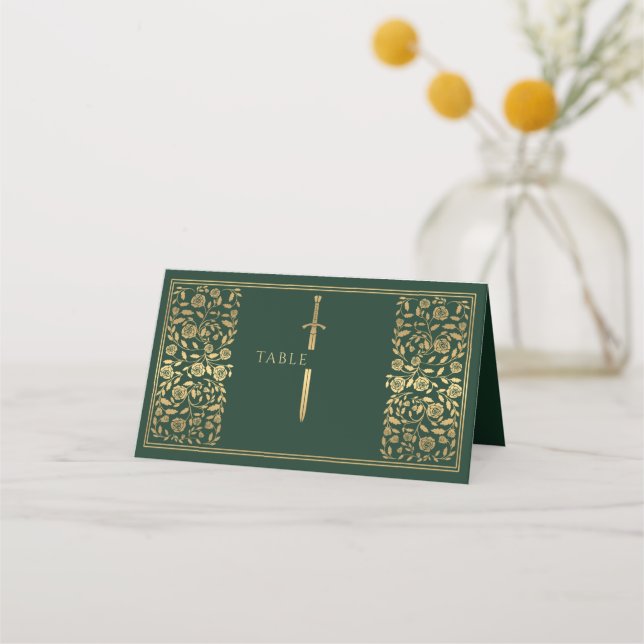 Green Royal Mediaeval Sword Wedding Place Card (Front)