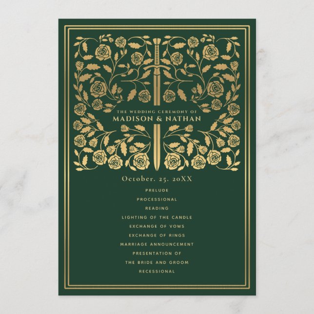 Green Royal Mediaeval Sword Wedding Program Programme (Front)