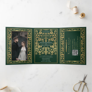 Green Royal Mediaeval Sword Wedding QR Code Tri-Fold Invitation