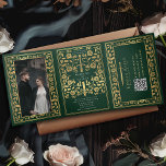 Green Royal Mediaeval Sword Wedding QR Code Tri-Fold Invitation<br><div class="desc">Announce your wedding in style with this mediaeval fantasy tri-fold invitation! This invite features a majestic gold sword and florals, with a special photo of the couple against a green background—the perfect mix of romance and adventure. NOTE: This design does NOT feature real foil. The placeholder image was provided by...</div>