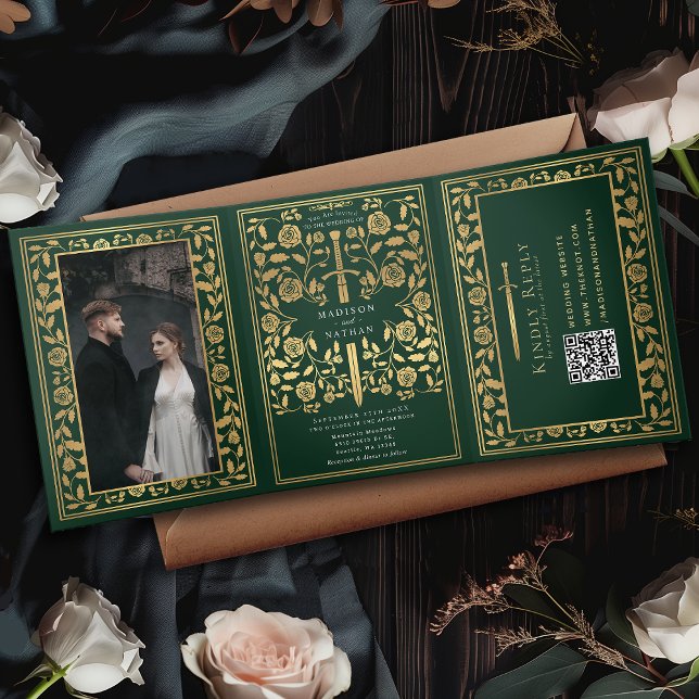 Green Royal Mediaeval Sword Wedding QR Code Tri-Fold Invitation (Creator Uploaded)