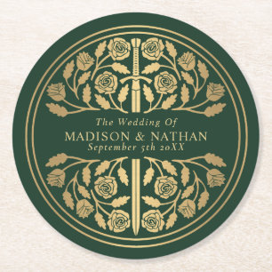 Green Royal Mediaeval Sword Wedding Round Paper Coaster