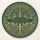 Green Royal Mediaeval Sword Wedding Round Paper Coaster<br><div class="desc">Celebrate your special day with this Royal Mediaeval Sword Wedding design. The design on the back of the invite is NOT real gold foil. You can customise this further by clicking on the "PERSONALIZE" button.</div>