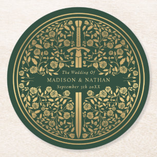 Green Royal Mediaeval Sword Wedding Round Paper Coaster