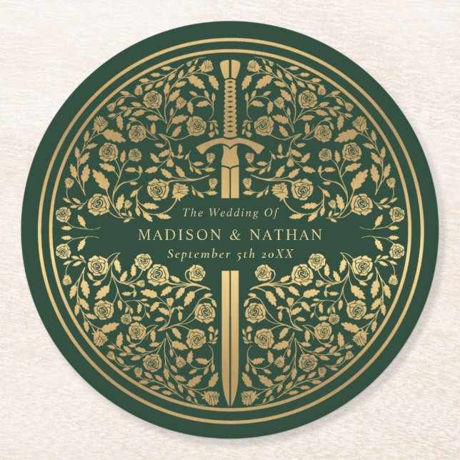 Green Royal Mediaeval Sword Wedding Round Paper Coaster (Front)