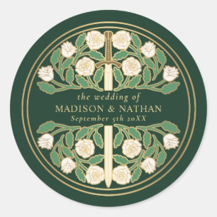 Green Royal Mediaeval White Floral Sword Wedding Classic Round Sticker