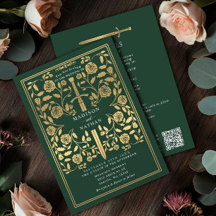Green Royal Medieval Gold Sword Wedding QR Code Invitation