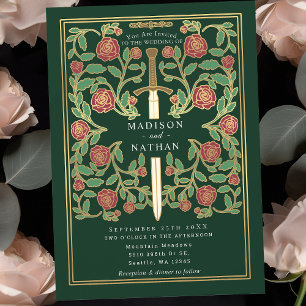 Green Royal Sword Floral Mediaeval Fantasy Wedding Invitation