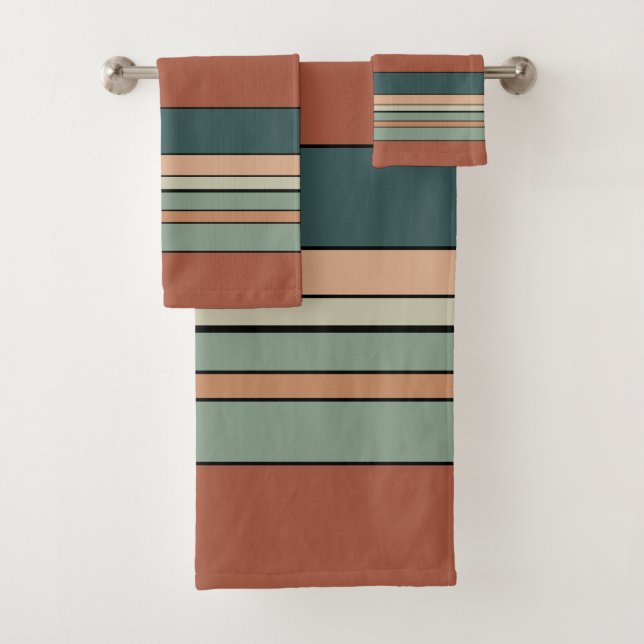 Green Rust and Clay Stripes   Bath Towel Set (Insitu)