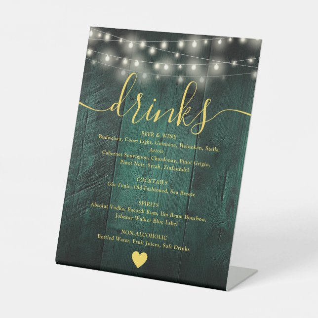 Green Rustic Barn Wood String Lights Drinks Menu Pedestal Sign (Front)