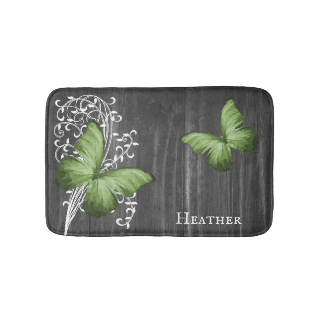 Green Rustic Butterfly Personalised Bath Mat (Front)