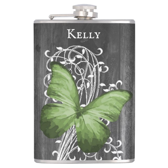 Green Rustic Butterfly Personalised Flask (Front)