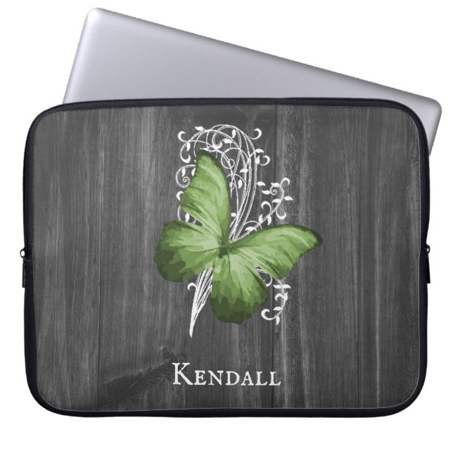 Green Rustic Butterfly Personalised Laptop Sleeve (Front)