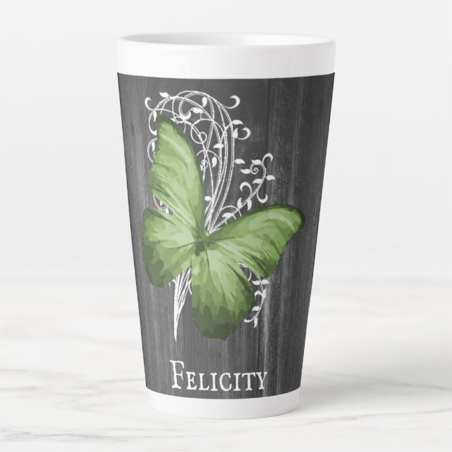 Green Rustic Butterfly Personalised Latte Mug (Front)