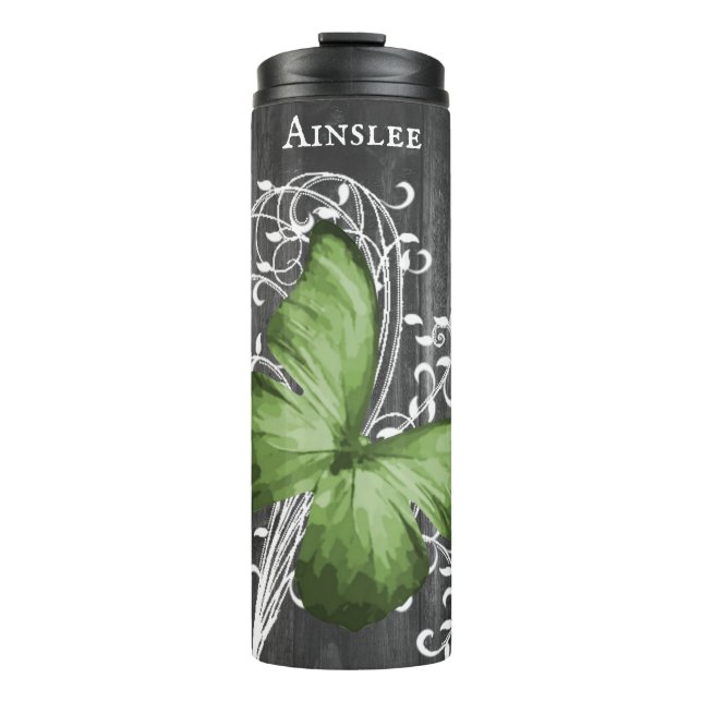 Green Rustic Butterfly Personalised Thermal Tumbler (Front)