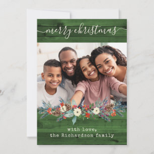Green Rustic Christmas Greenery   Photo and Script Holiday Card