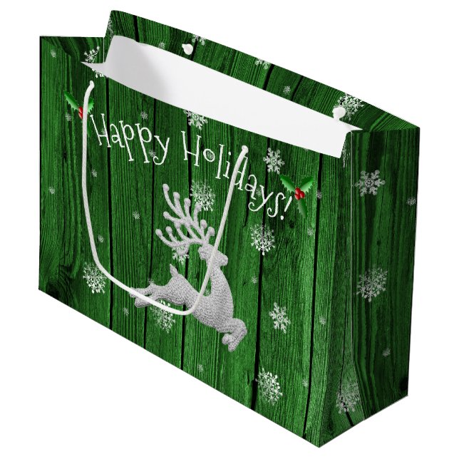 Green Rustic Christmas Reindeer Gift Bag (Front Angled)