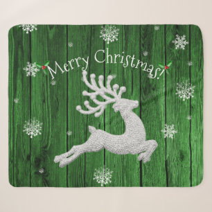 Green Rustic Christmas Reindeer Sherpa Blanket
