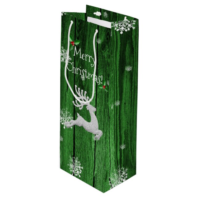 Green Rustic Christmas Reindeer Wine Gift Bag (Front Angled)
