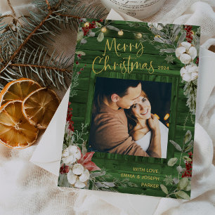 Green Rustic Christmas   Winter Floral and Photo Holiday Card